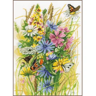 Lanarte Kreuzstich Stickpackungen Gezählter Kreuzstichbilder Set WILDBLUMEN UND SCHMETTERLINGE Wanddekoration Handarbeit Set für Erwachsene 30 x 43 cm Deko Bastelset Handwerker Kreative Geschenkset