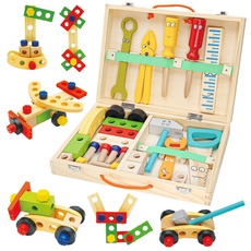 Bild von Werkzeugkoffer Kinder Holz, 34 Stück Werkzeug Kinder Holzspielzeug, Werkzeugsatz Holzwerkzeugen, DIY Autos Spielzeuge kinderspielzeug ab 3 Jahre Jungen Mädchen