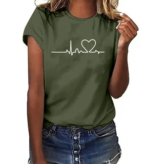 Tshirt Damen Lässige Elektrokardiogramm Druck Oberteile Herzschlagkurve Pullover T-shirt Einfarbiges Basic Shirt Rundhals Kurzarm Sommer Tops Lockere All-Match Tunika Bluse Laufshirt Sportshirt