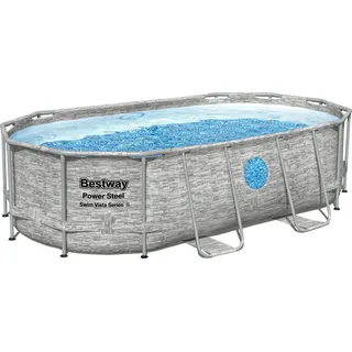 Bestway® Power SteelTM Swim Vista SeriesTM Frame Pool Komplett-Set mit Filterpumpe 427 x 250 x 100 cm, Steinwand-Optik (Cremegrau), oval - Grau