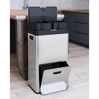 GarveeHome Küchen-Mülleimer, 56 l, 3 Fächer, Tret-Mülleimer mit herausnehmbaren Eimern, Edelstahl-Mülleimer für Küche, Schule, Krankenhaus