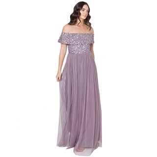 Maya Deluxe Damen Maya Deluxe Women's Bardot for Women Maxi Embellished Hight Empire Waist Sleveless Tulle W Bridesmaid Dress, Moody Lilac, 42 EU