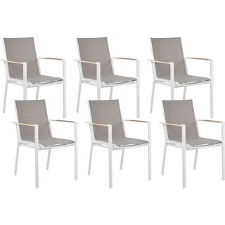 BELIANI Gartenstuhl 6er Set Weiß Aluminium mit Bespannung Grau Stoff Armlehnen Holzoptik Stapelbar Modern Outdoor Indoor Terrasse Balkon Ausstattung - Weiß, Grau, Braun