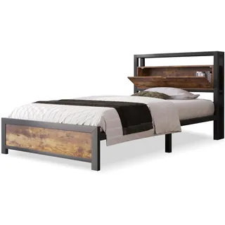 Redom Einzelbett 90/200 cm mit Stauraum-Kopfteil und Metall-Lattenrost im Industrial-Stil, Natur , Naturfarben , 90x200 cm , Schlafzimmer, Betten