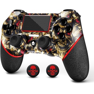 AceGamer Wireless Controller für PS4, Game Controller kompatibel mit PS4/Pro/Slim/PC Gamepad mit Turbo/Zurück Taste/Dual Vibration/6-Achsen Gyro Sensor/Touchpanel, Bonus 2 Thumb Grips (Gold Skull)