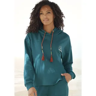 Hoodie VIVANCE, Damen, Gr. 36/38, blau (petrol), Sweatware, Obermaterial: 60% Baumwolle, 40% Polyester. Kapuzenfutter: 60% Baumwolle, 40% Polyester, bedruckt, unifarben, bequem hüftlang, ohne Ausschnitt, Rippbündchen, Sweatshirts Hoodie, mit überschnittenen Schultern und bunten Kordelzug, Loungewear
