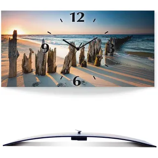 ARTland Wanddeko Wanduhr ohne Tickgeräusche Alu Funkuhr lautlos 50x25 cm Rechteckig Strandbilder Meer Sonnenuntergang Strand Maritim U1UI