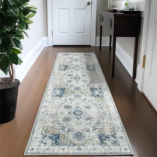 TOPICK Läufer Flur Waschbar Superdünne Vintage Blumen Teppich Kurzflor Orientalischer Floral Küchenteppich Lang Teppichläufer 60x210cm Hellblau Schlafzimmer Wohnzimmer Esszimmer Büro Faltbar