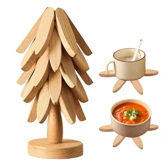 Holzuntersetzer Baumform, Topfuntersetzer Hitzebeständig, 5 Stück Topfuntersetzer Holz& 1 Aufbewahrt, Tannenbaum Untersetzer Holz Für Heiße Gerichte, Faltbare Hitzebeständige Pads Für Küchenpfannen