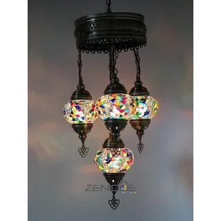 Türkische Mozaik-Hängelampe, handgefertigte marokkanische Deckenleuchte, 4 bunte Glaskugeln, orientalischer Stil - Bunt