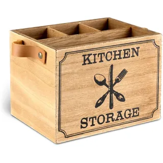 Novaliv Utensilienhalter Küche mit 4 Fächern und Ledergriffen/hochwertiger Besteckkorb Holz 17 x 12,5 x 12,5cm / Besteckkasten für Küchenutensilien oder als Dekoration