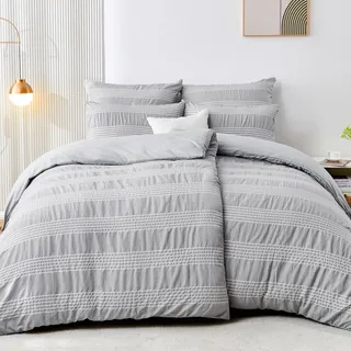 Qucover Bettwäsche 155x220 4teilig Grau Weiß Gestreift, Mikrofaser Bettwäsche-Sets, 2 Bettbezüge 155x220 cm + 2 Kissenbezüge 80X80 cm, Bügelfrei Kuschel Bettwäsche mit Reißverschluss