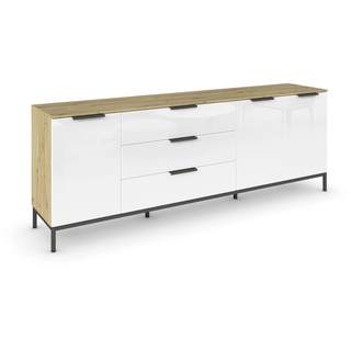 Rauch Möbel Flipp, Sideboard, TV-Schrank, Kommode mit Stauraum, mit Metallkufe graphit, Eiche Artisan/Glasfront Weiß, Holz, 3-türig, Glastüren, 3 Schubladen, Griffe graphit, 199x72x42cm