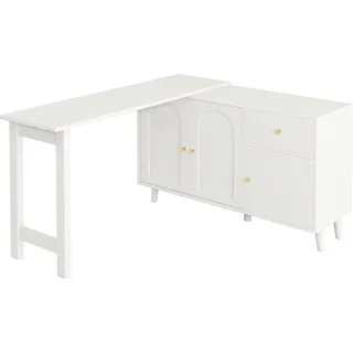 Multifunktionaler 2 in 1 Schreibtisch und Sideboard – 360° drehbar, 3 Türen 1 Schublade – Computertisch, Eckschreibtisch, Frisiertisch, Schreibtisch, Weiß, Spanplatte - Weiß