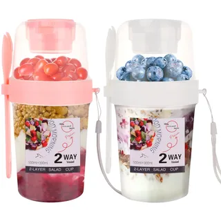 ASelected 2 Stück Müslibecher To Go Müsli To Go Becher mit Löffel 310+560ML Joghurtbecher To Go Doppelschicht Auslaufsicherer Joghurtbecher Salatbecher für Arbeit Schule Reisen (Weiß + Rosa)