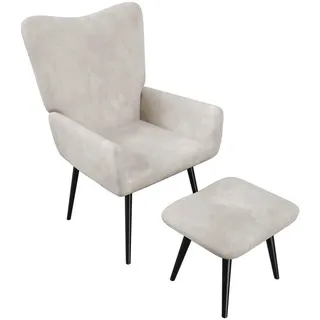 Juskys Ohrensessel Odense Cord 68 x 95 x 73 cm Beige mit Hocker 