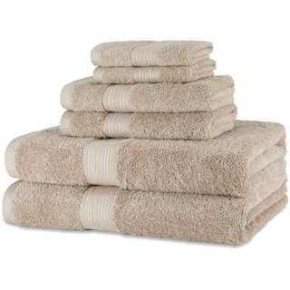 Amazon Basics Handtücher Set 6-teilig, 100% Bio-Baumwolle Ausbleichbeständig Weich, 2 Badetücher + 2 Handtücher + 2 Waschlappen, Taupe