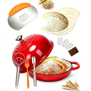GFTIME Gusseisen Topf Brot Backen,Bräter emailliert, 4,7 L / 24cm,Rot | Sauerteig Starter Set, Dutch Oven Brotbacktopf mit Gärkorb Deckel Einschneider Teigmischer Brotbackform für Schmoren, Braten