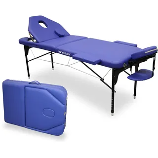 WELLCORE Klappliege aus Aluminium, mit aufklappbarer Rückenlehne, 185 x 65 cm, Kunstleder, höhenverstellbar, Gelenkkopf, Gesichtsloch, Blau, Transporttasche, bis 225 kg