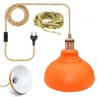 ZRLXFM 9.84” Metall Lampenschirm für Hängelampe mit Schalter, Vintage Pendelleuchte DIY Kit mit 5.1m Hanfseil-Kabel und Stecker, E26/E27 Lampenfassung Orange Hängeleuchte inkl. 5m grünem Dekoband
