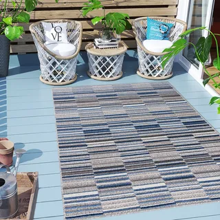 Carpeto Rugs Streifenmuster Outdoor Teppich Wetterfest für Balkon, Terasse - Balkon Teppich Wasserfest - Outdoorteppich Wetterfest - Aussenteppich Terrasse Groß - Grau Blau 1 - 160 x 230 cm - Grau