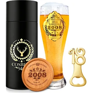 COSBERY 2008 Geschenk zum 18 Geburtstag Junge, 2008 Bierglas mit Gravur 580ml, Personalisierte Deko 18. Geburtstag Junge, Bier Geschenke Geburtstagsgeschenk für 18 Jahre Freunde Geschenkidee