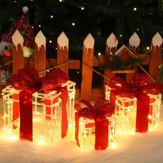 Quntis 3 Set LED Geschenkbox Weihnachten, 215 warmweiße LED beleuchtete Boxen, Weihnachtsdeko Innen Strombetrieben, Lichterdeko Geschenkpakete für Weihnachtsbaum Fensterbank Garten Kamin Treppe