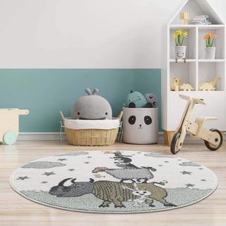 carpet city Kinderteppich Tiere - Eule Schaf Tucan 120 cm Rund Creme - Kinderzimmer Teppich Modern