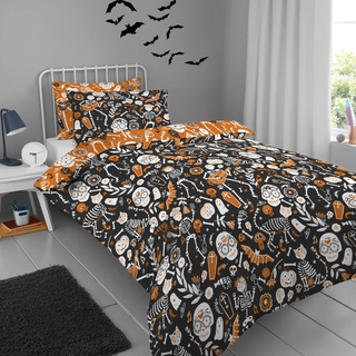 Bedlam - Halloween Dia de los Muertos Bettwäsche - Einzelbett (140 x 200cm) - Wende-Design (2 Farben) - Leuchtet im Dunkeln - Skelette, Geister & Totenköpfe Bettwäsche - für Halloween Dekoration