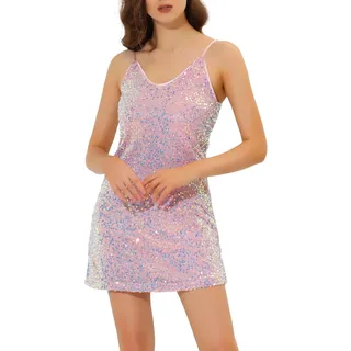 Allegra K Damen Halloween Glitzer Pailletten V Ausschnitt Spaghetti Träger Mini Party Kleid Clubwear, Rosa, Klein