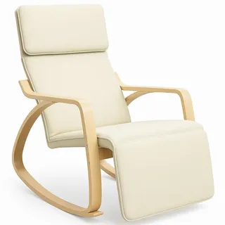 BAKAJI Schaukelstuhl, mit Armlehnen aus Birkenholz, Schaukelsessel, 5-stufig verstellbare Fußstütze, Relaxstuhl, bis 150 kg belastbar, Wohnzimmer, Schlafzimmer, Beige