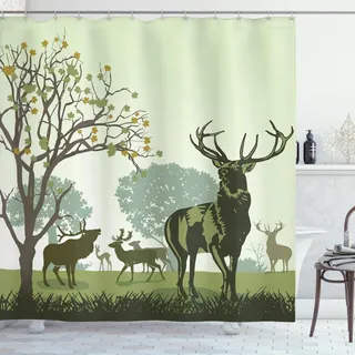 ABAKUHAUS Olivengrün Duschvorhang, Deer und Naturpark, Stoffliches Gewebe Badezimmerdekorationsset mit Haken, 175 x 200 cm, Olivengrün