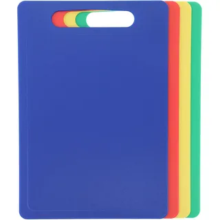 Chef Aid Schneidebretter-Set – 4 Stück – Farbcodierte, rutschfeste Kunststoffbretter mit Griff – Lebensmittelecht, messerfreundlich und spülmaschinengeeignet – 35 × 25 cm
