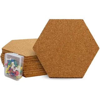 Raylu Paper® Sechseckiger Kork für die Wand, selbstklebend, 10 Naturkorkbretter mit 6 mm Dicke, inklusive 47 farbigen Reißzwecken, 20 cm x 17,5 cm.