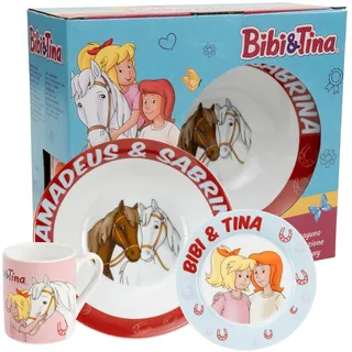 United Labels Bibi & Tina 3-teiliges Geschirrset für Kinder, Rot Blau, Frühstücksset aus Porzellan mit Teller Ø 19 cm, Tasse 220 ml und Schale 330 ml, Kindergeschirr