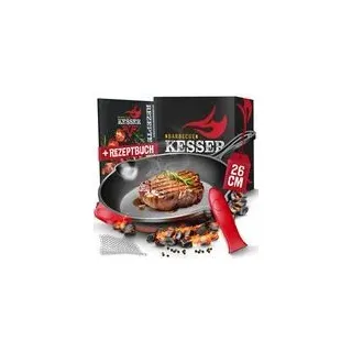 KESSER® Gusseisenpfanne | Gusseisen Bratpfanne Induktion für Grill & Backofen voreingebrannt | Inkl. Schutzgriffe, Rezeptbuch und Ringreiniger - 26 cm