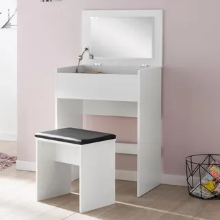 FineBuy Schminktisch FB51641 60x81x40 cm Weiß Konsolentisch Holz Modern Kosmetiktisch mit Hocker und Spiegel Weißer Frisiertisch mit Klappfach - Weiß