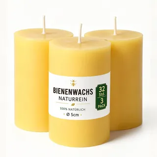 100% Bienenwachs Stumpenkerzen Natur - 32 Stunden Brenndauer -3er Pack Tropffrei & Rußfrei für Entspannung & Deko - 5x7cm Bienenwachskerzen Gelb