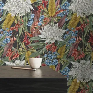 Livingwalls Blumentapete Bunt Schwarz - Tapete Wohnzimmer Schlafzimmer 394282 - Vliestapete Dschungel - 10,05 m x 0,53 m für 5,33m2 - Made in Germany