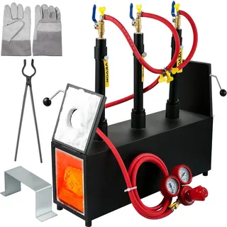 Vevor Gas schmiedeofen 1350 °C, Brenner Schmiede 15 L, Schmiedeofen drei Brenner Zweitürig Auskleidung mit Aluminiumsilikatfaser, Metallschmiede Max. Leistung 230,4 kWh / 786.000 BTU, Gasdruckregler