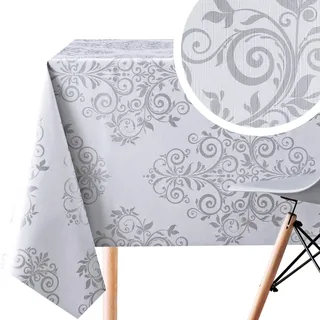KP HOME Abwischbare PVC Tischdecke Rechteckig 300 x 140 cm, Wasserabweisendes Wachstuch, Esstischdecke, Pflegeleicht und Strapazierfähig, Grau und Silber Barock Damast mit Orientalischen Ranken