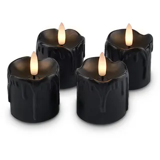 Rhytsing 4er Schwarze LED Kerzen mit Timerfunktion Für Halloween, Flammenlose Votivkerzen Echtes Wachstropfen-Optik, Batteriebetriebene Teelichter Für den Winter - D5cm