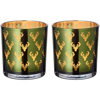 EDZARD 2er Set Windlicht Teelichtglas Kerzenglas Dirk, grün, Hirsch, Höhe 8 cm