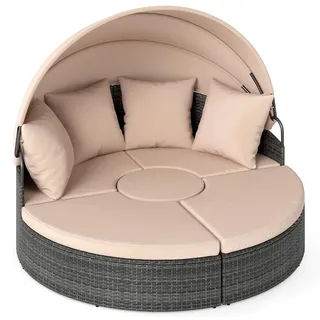 COSTWAY Sonneninsel Gartenliege Polyrattan mit Dach, Tisch, Sitz- & Rückenkissen, Sonnenliege für 2 Personen, Lounge Möbel, runde Liegeinsel Khaki - Grau, Braun