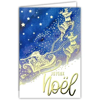 Karte Frohe Weihnachten Schlitten des Papa Weihnachtsmann Rentier Himmel Sterne Gold Vergoldung