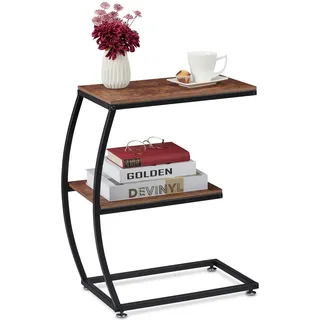 Relaxdays Beistelltisch, 2 Ablagen, C-Form, Industrial Design, Sofatisch Metall & Holzoptik, HBT: 57,5x47,5x25 cm, braun