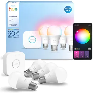 Philips Hue Essential Starter-Set 4x E27 9W warmweiß und farbig 2200-6500K