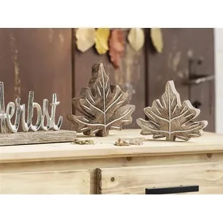2x Deko Blatt "Geflammt" aus Mango Holz, 12 + 16 cm hoch, Herbstdeko, Tischdeko, Fensterdeko - Braun