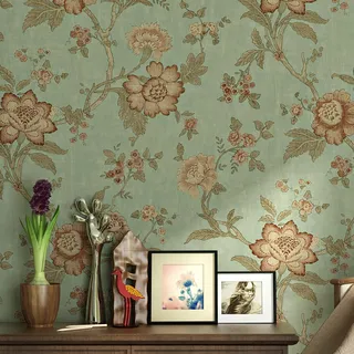 SAIMEYI Amerikanische BlumengrafikTapete.klassische Landhaus-Vintage-Tapete Für Wohnzimmer, Schlafzimmer, TV-Hintergrund (Grün)
