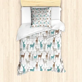 ABAKUHAUS Hirsch Mantele, Alt Text Tiere Weihnachten, Milbensicher Allergiker geeignet mit Kissenbezügen, 135 cm x 200 cm - 80 x 80 cm, Türkis-Brown-Beige - Weiß